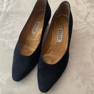 Navy Blue Suede Bally Pumps with corinthian column heels